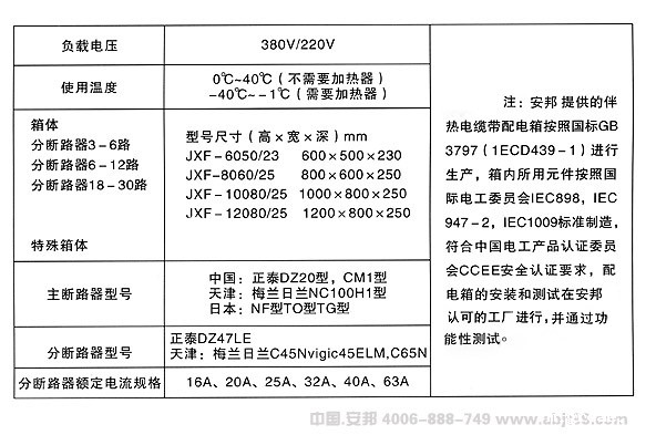 伴热电缆电伴热的标准配电箱规格表